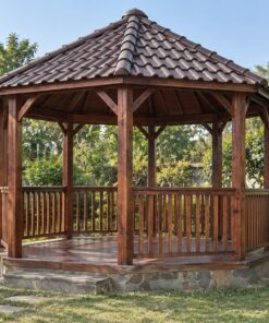 Chòi Gỗ Sân Vườn T70 - Lục Giác Bệ Đá Mái Ngói Nhựa Âm Dương, Gỗ Thông