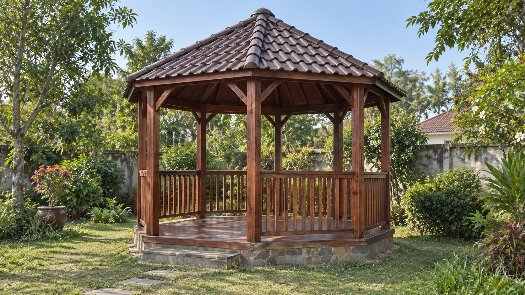 Chòi Gỗ Sân Vườn T70 - Lục Giác Bệ Đá Mái Ngói Nhựa Âm Dương, Gỗ Thông Chòi Gỗ Sân Vườn T70 - Lục Giác Bệ Đá Mái Ngói Nhựa Âm Dương, Gỗ Thông