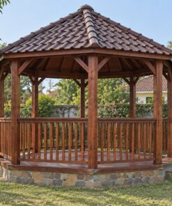 Chòi Gỗ Sân Vườn T70 - Lục Giác Bệ Đá Mái Ngói Nhựa Âm Dương, Gỗ Thông