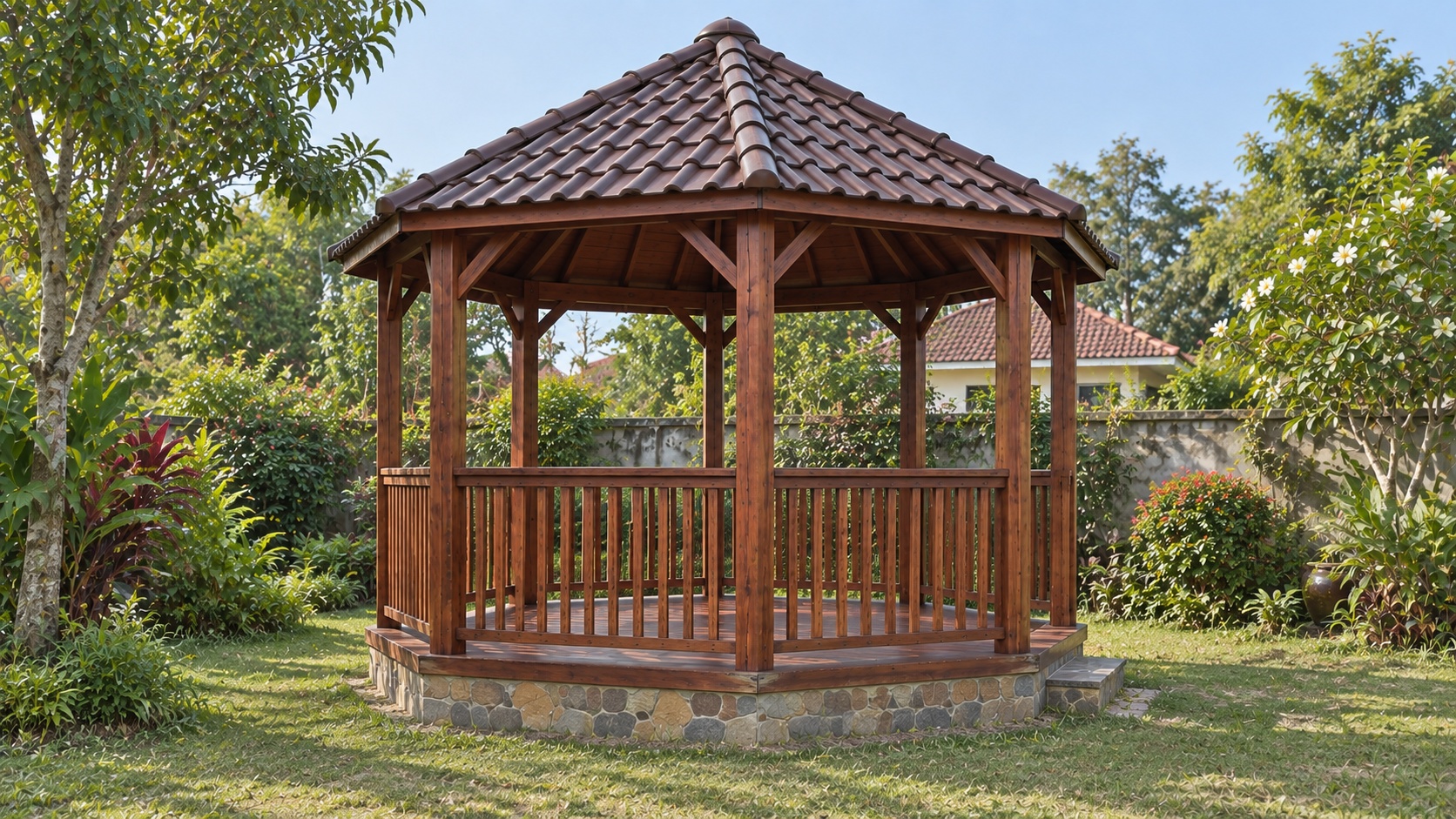 Chòi Gỗ Sân Vườn T70 - Lục Giác Bệ Đá Mái Ngói Nhựa Âm Dương, Gỗ Thông Chòi Gỗ Sân Vườn T70 - Lục Giác Bệ Đá Mái Ngói Nhựa Âm Dương, Gỗ Thông