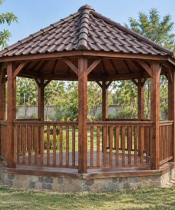 Chòi Gỗ Sân Vườn T70 - Lục Giác Bệ Đá Mái Ngói Nhựa Âm Dương, Gỗ Thông