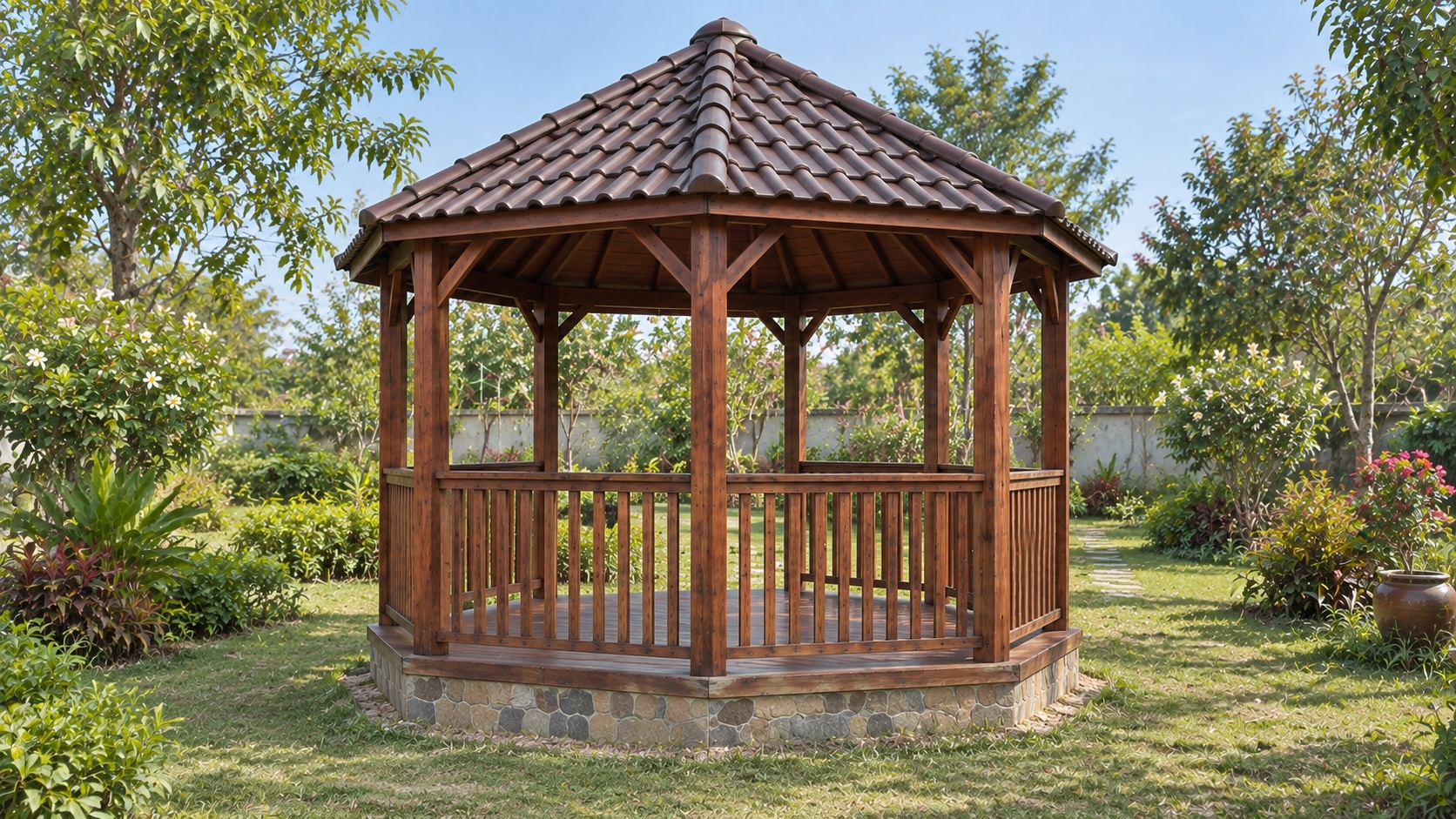 Chòi Gỗ Sân Vườn T70 - Lục Giác Bệ Đá Mái Ngói Nhựa Âm Dương, Gỗ Thông Chòi Gỗ Sân Vườn T70 - Lục Giác Bệ Đá Mái Ngói Nhựa Âm Dương, Gỗ Thông