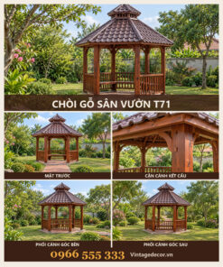 Chòi Gỗ Sân Vườn T71 - Lục Giác Chóp Nhọn Mái Ngói Nhựa Âm Dương, Gỗ Thông