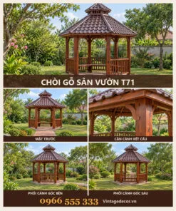 Chòi Gỗ Sân Vườn T71 - Lục Giác Chóp Nhọn Mái Ngói Nhựa Âm Dương, Gỗ Thông