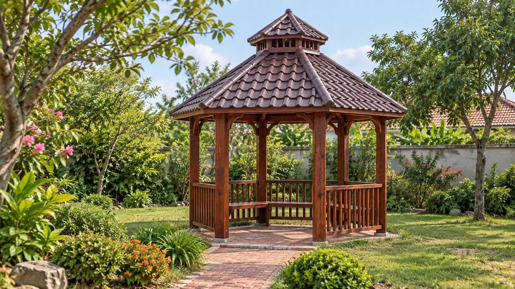 Chòi Gỗ Sân Vườn T71 - Lục Giác Chóp Nhọn Mái Ngói Nhựa Âm Dương, Gỗ Thông Chòi Gỗ Sân Vườn T71 - Lục Giác Chóp Nhọn Mái Ngói Nhựa Âm Dương, Gỗ Thông
