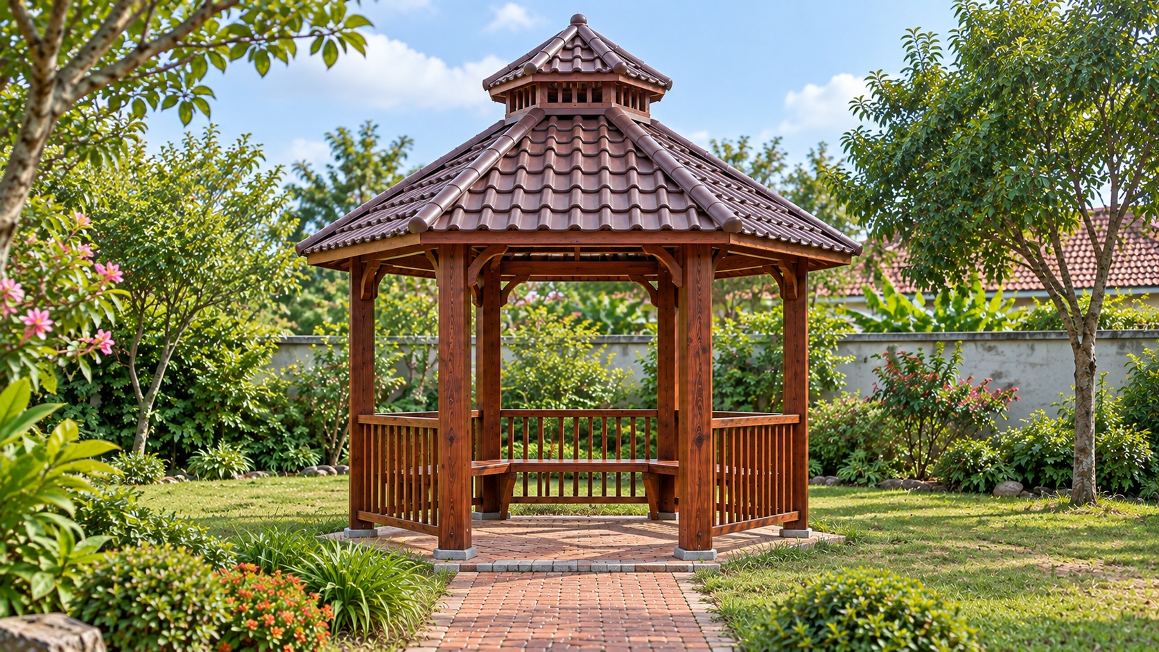 Chòi Gỗ Sân Vườn T71 - Lục Giác Chóp Nhọn Mái Ngói Nhựa Âm Dương, Gỗ Thông Chòi Gỗ Sân Vườn T71 - Lục Giác Chóp Nhọn Mái Ngói Nhựa Âm Dương, Gỗ Thông