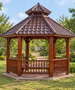 Chòi Gỗ Sân Vườn T71 - Lục Giác Chóp Nhọn Mái Ngói Nhựa Âm Dương, Gỗ Thông