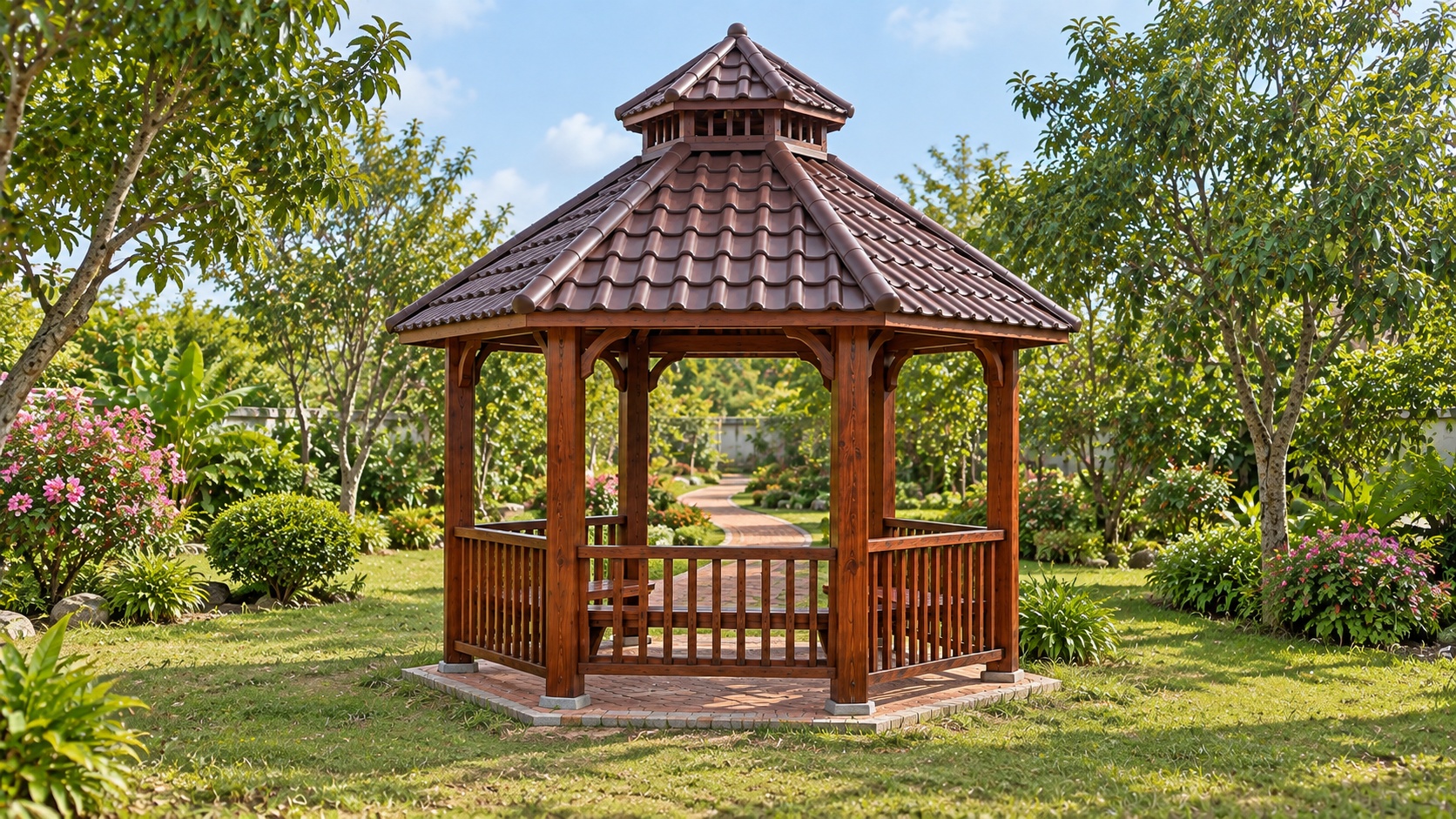 Chòi Gỗ Sân Vườn T71 - Lục Giác Chóp Nhọn Mái Ngói Nhựa Âm Dương, Gỗ Thông Chòi Gỗ Sân Vườn T71 - Lục Giác Chóp Nhọn Mái Ngói Nhựa Âm Dương, Gỗ Thông