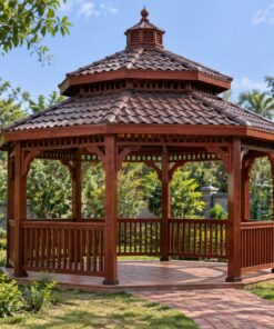 Chòi Gỗ Sân Vườn T73 - Lục Giác Hai Tầng Chóp Nhọn Mái Ngói Nhựa, Gỗ Thông