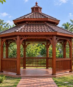 Chòi Gỗ Sân Vườn T73 - Lục Giác Hai Tầng Chóp Nhọn Mái Ngói Nhựa, Gỗ Thông