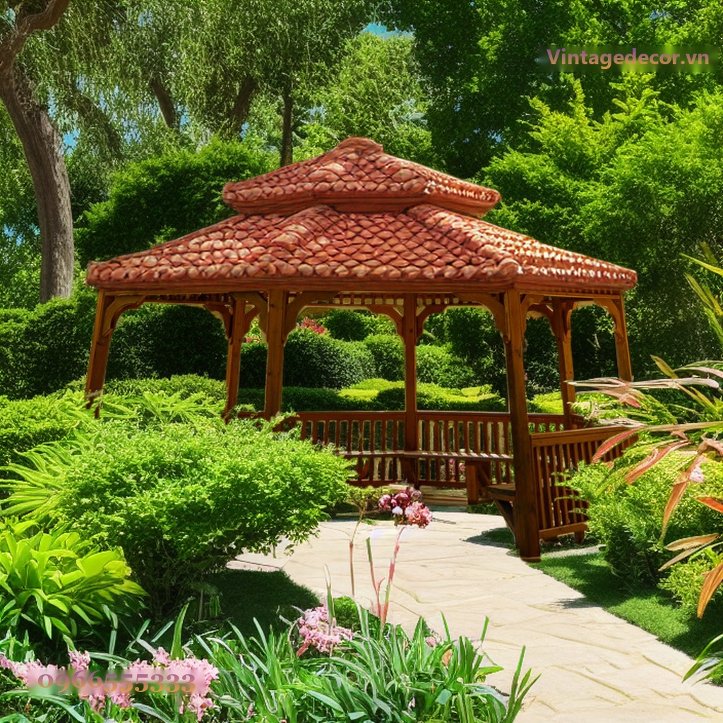 Chòi Gỗ Sân Vườn T73 - Lục Giác Mái Ngói Hai Tầng, Gỗ Thông Chòi Gỗ Sân Vườn T73 - Lục Giác Mái Ngói Hai Tầng, Gỗ Thông