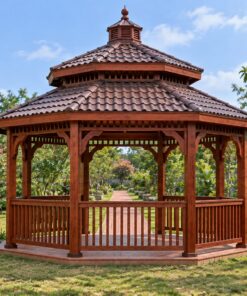 Chòi Gỗ Sân Vườn T73 - Lục Giác Hai Tầng Chóp Nhọn Mái Ngói Nhựa, Gỗ Thông