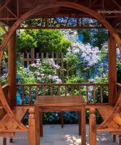 Chòi Gỗ Sân Vườn T8 - Vòm Tròn Trang Trí Ghế Băng, Gỗ Thông