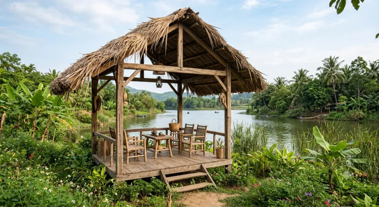 Chòi gỗ mái lá bên hồ
