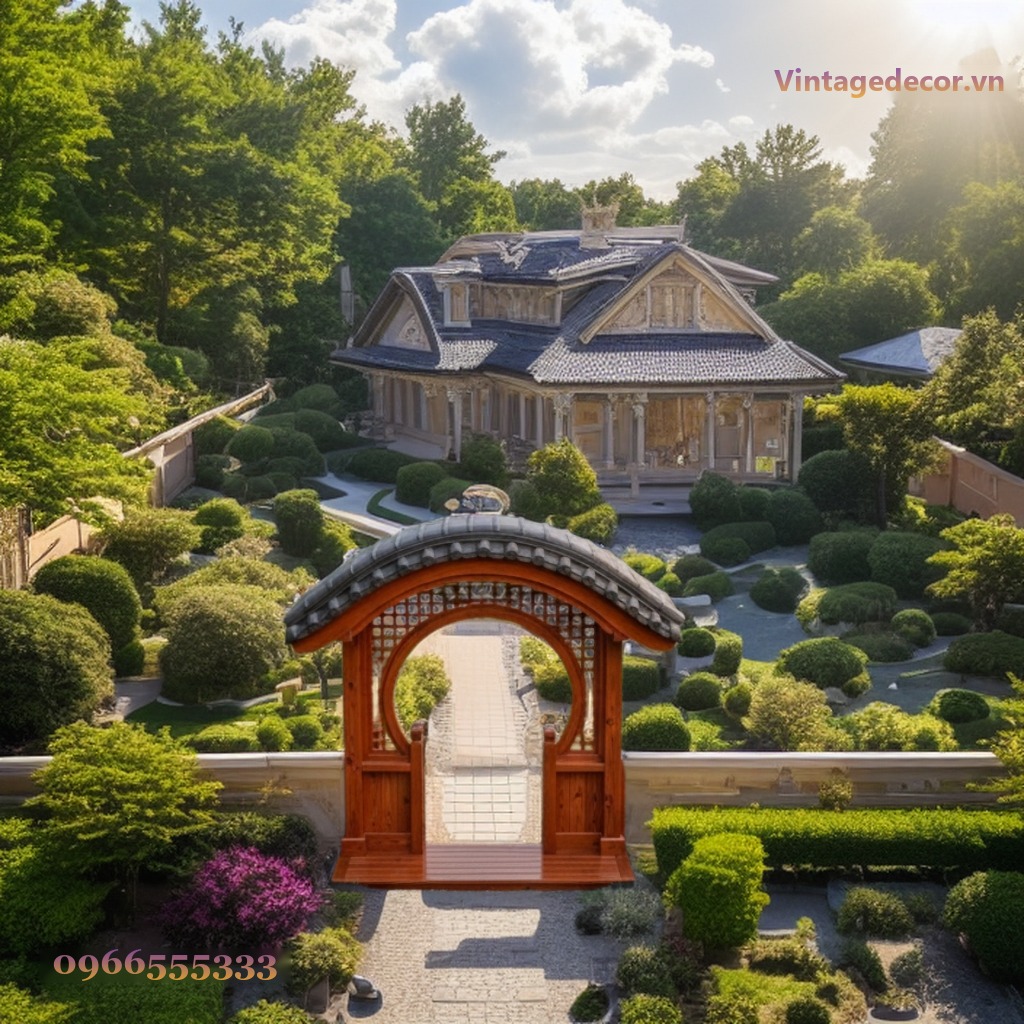 Cổng Gỗ Á Đông C19 - Vòm Tròn Chạm Lưới Đầu Đao, Gỗ Thông Cổng Gỗ Á Đông C19 - Vòm Tròn Chạm Lưới Đầu Đao, Gỗ Thông