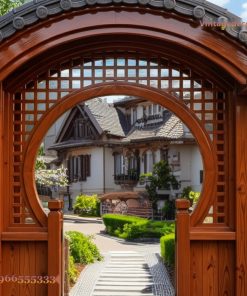 Cổng Gỗ Á Đông C19 - Vòm Tròn Chạm Lưới Đầu Đao, Gỗ Thông