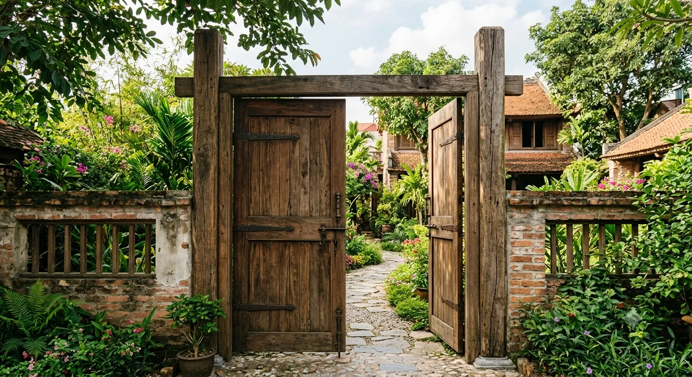 Cổng gỗ hai trụ vuông lớn có xà ngang trên đỉnh, một cánh ván gỗ mở ra lối đi lát đá dẫn vào vườn nhà