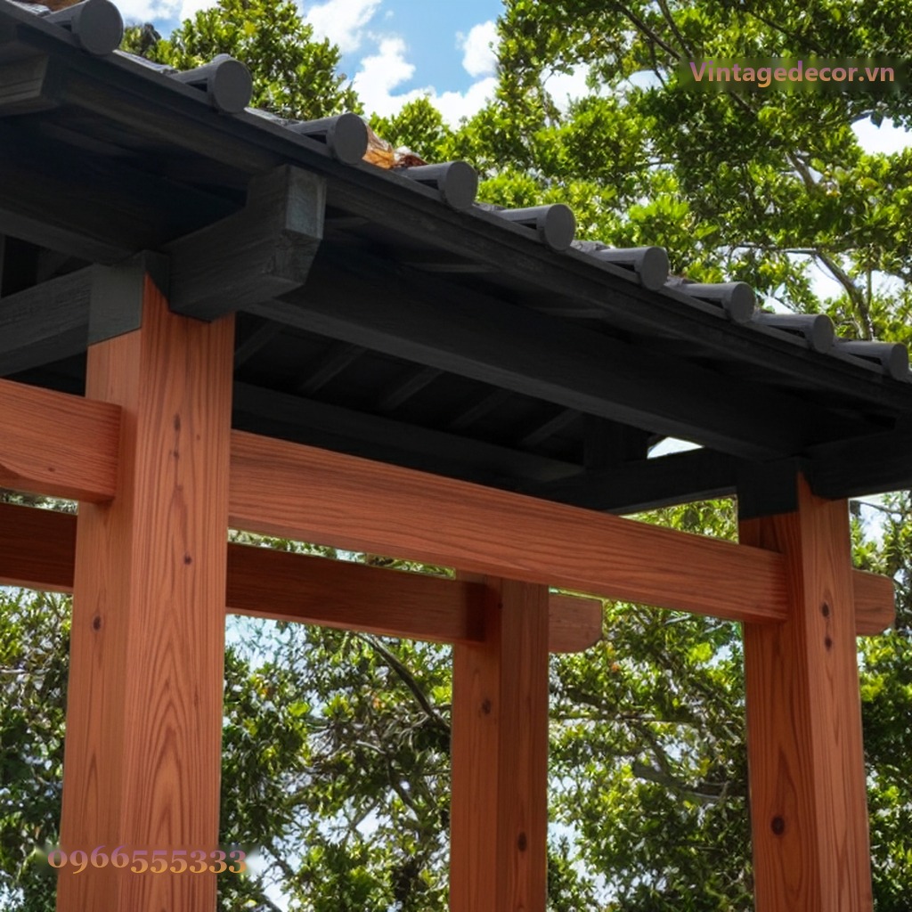 Cổng Gỗ Nhật Bản C18 - Trụ Đỏ Đầu Đao Cong, Gỗ Thông Cổng Gỗ Nhật Bản C18 - Trụ Đỏ Đầu Đao Cong, Gỗ Thông