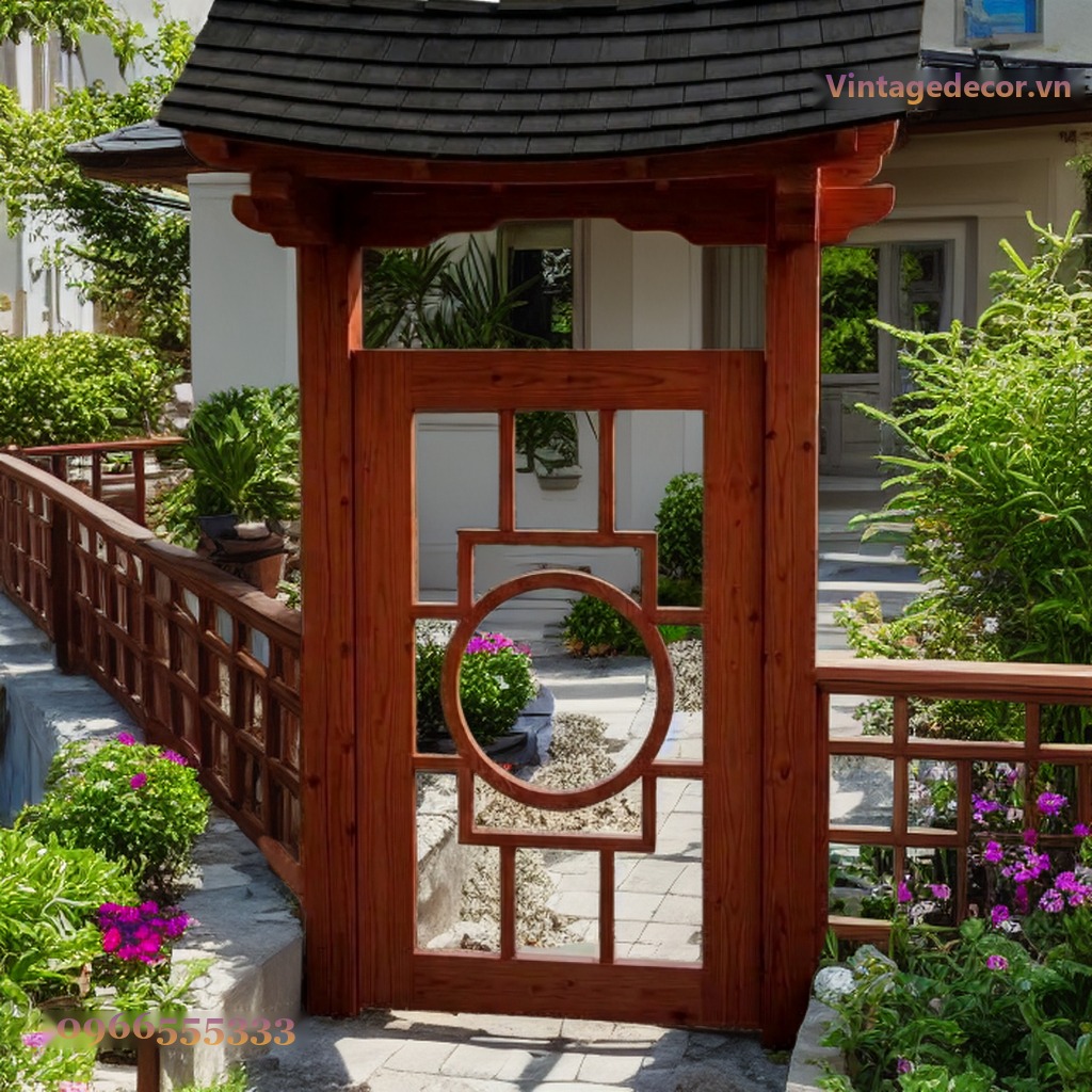 Cổng Gỗ Nhật Bản C21 - Đầu Đao Cong Ô Tròn Giữa, Gỗ Thông Cổng Gỗ Nhật Bản C21 - Đầu Đao Cong Ô Tròn Giữa, Gỗ Thông