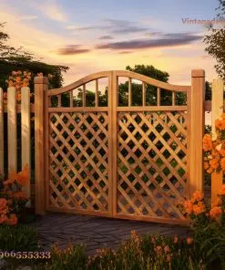 Cổng gỗ C10 hai cánh mắt cáo đầu lượn sóng, hoa cam hai bên lúc hoàng hôn
