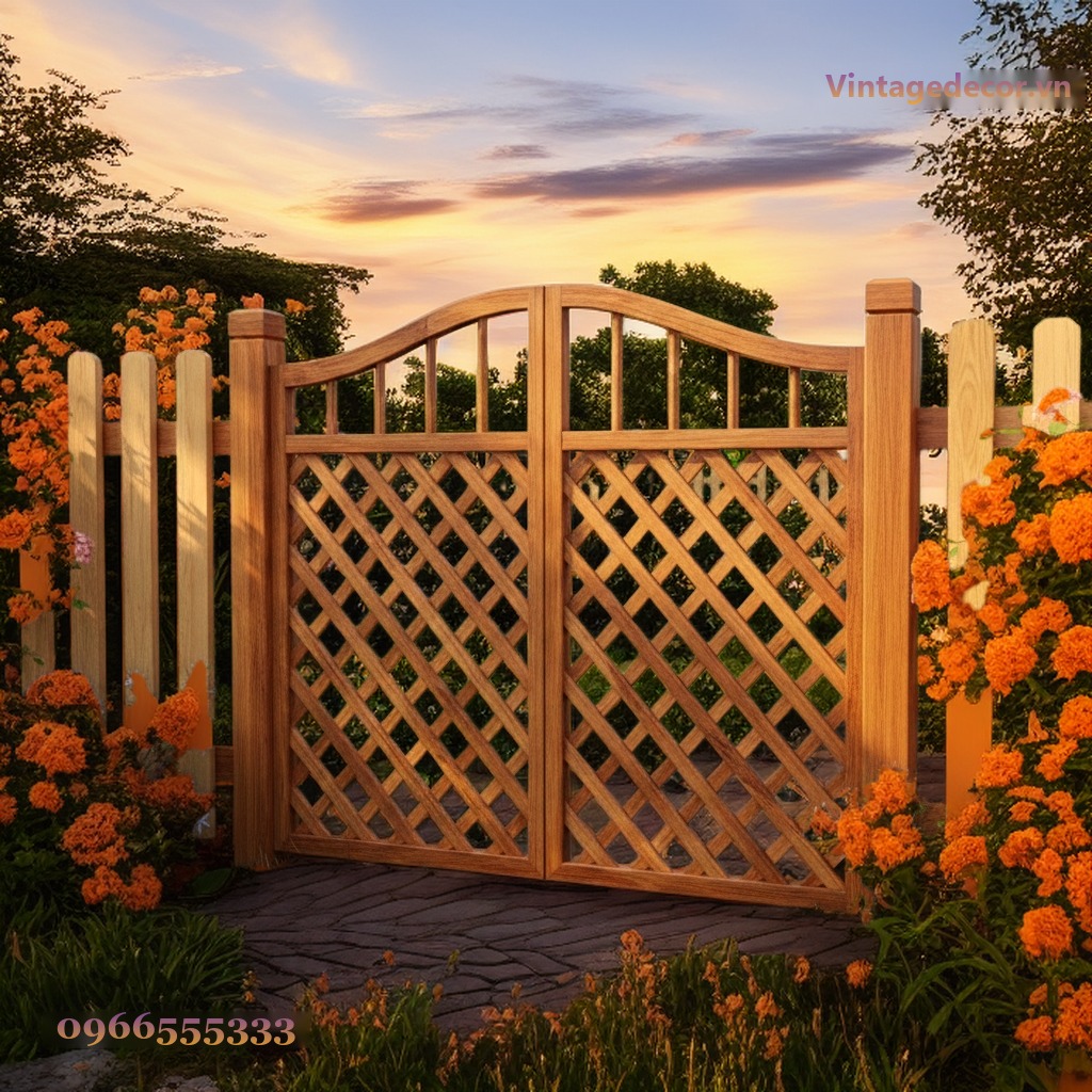 Cổng Gỗ Sân Vườn C10 - Hai Cánh Mắt Cáo Đầu Lượn Sóng, Gỗ Thông Cổng Gỗ Sân Vườn C10 - Hai Cánh Mắt Cáo Đầu Lượn Sóng, Gỗ Thông
