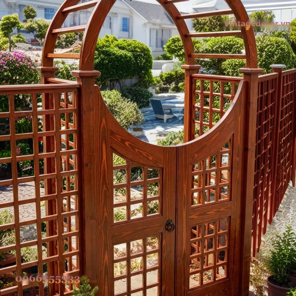 Cổng Gỗ Sân Vườn C20 - Đầu Vòm Nan Quạt Ô Kính, Gỗ Thông Cổng Gỗ Sân Vườn C20 - Đầu Vòm Nan Quạt Ô Kính, Gỗ Thông
