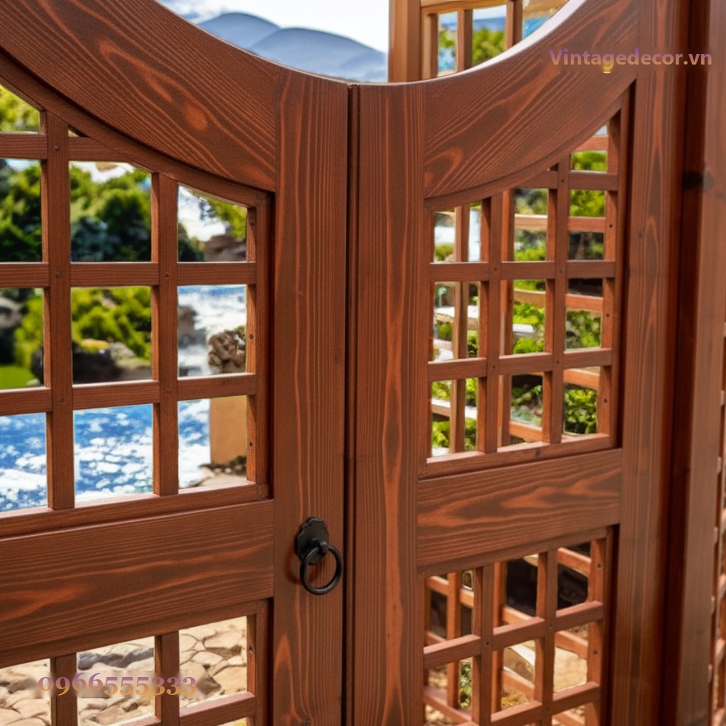 Cổng Gỗ Sân Vườn C20 - Đầu Vòm Nan Quạt Ô Kính, Gỗ Thông Cổng Gỗ Sân Vườn C20 - Đầu Vòm Nan Quạt Ô Kính, Gỗ Thông
