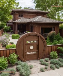 Cổng Gỗ Sân Vườn C22 - Cánh Tròn Kiểu Hobbit, Gỗ Thông