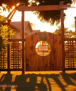 Cổng Gỗ Sân Vườn C23 - Ô Tròn Trang Trí Mặt Trời, Gỗ Thông