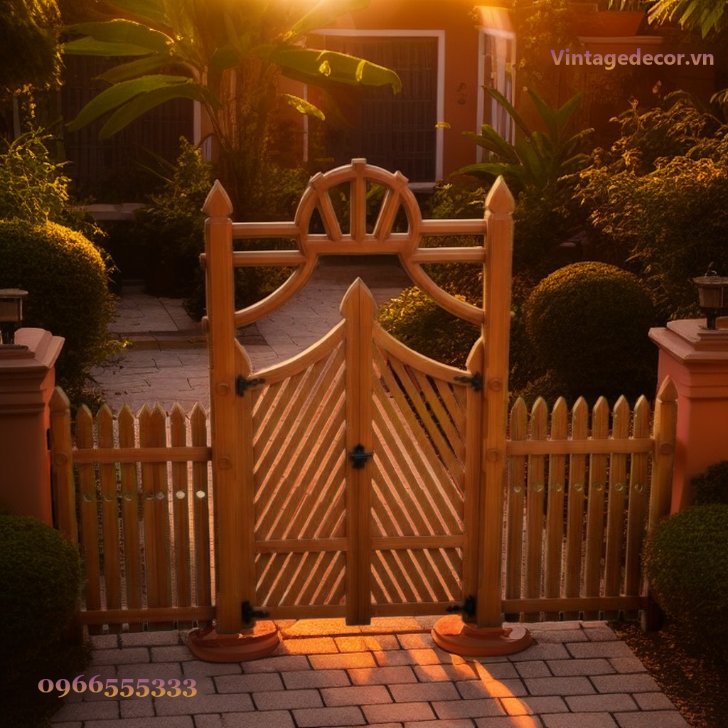 Cổng Gỗ Sân Vườn C26 - Nan Chéo Đầu Quạt Xòe, Gỗ Thông Cổng Gỗ Sân Vườn C26 - Nan Chéo Đầu Quạt Xòe, Gỗ Thông