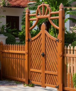 Cổng Gỗ Sân Vườn C26 - Nan Chéo Đầu Quạt Xòe, Gỗ Thông