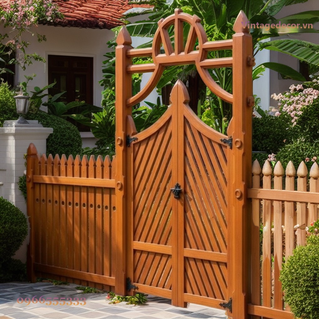 Cổng Gỗ Sân Vườn C26 - Nan Chéo Đầu Quạt Xòe, Gỗ Thông Cổng Gỗ Sân Vườn C26 - Nan Chéo Đầu Quạt Xòe, Gỗ Thông