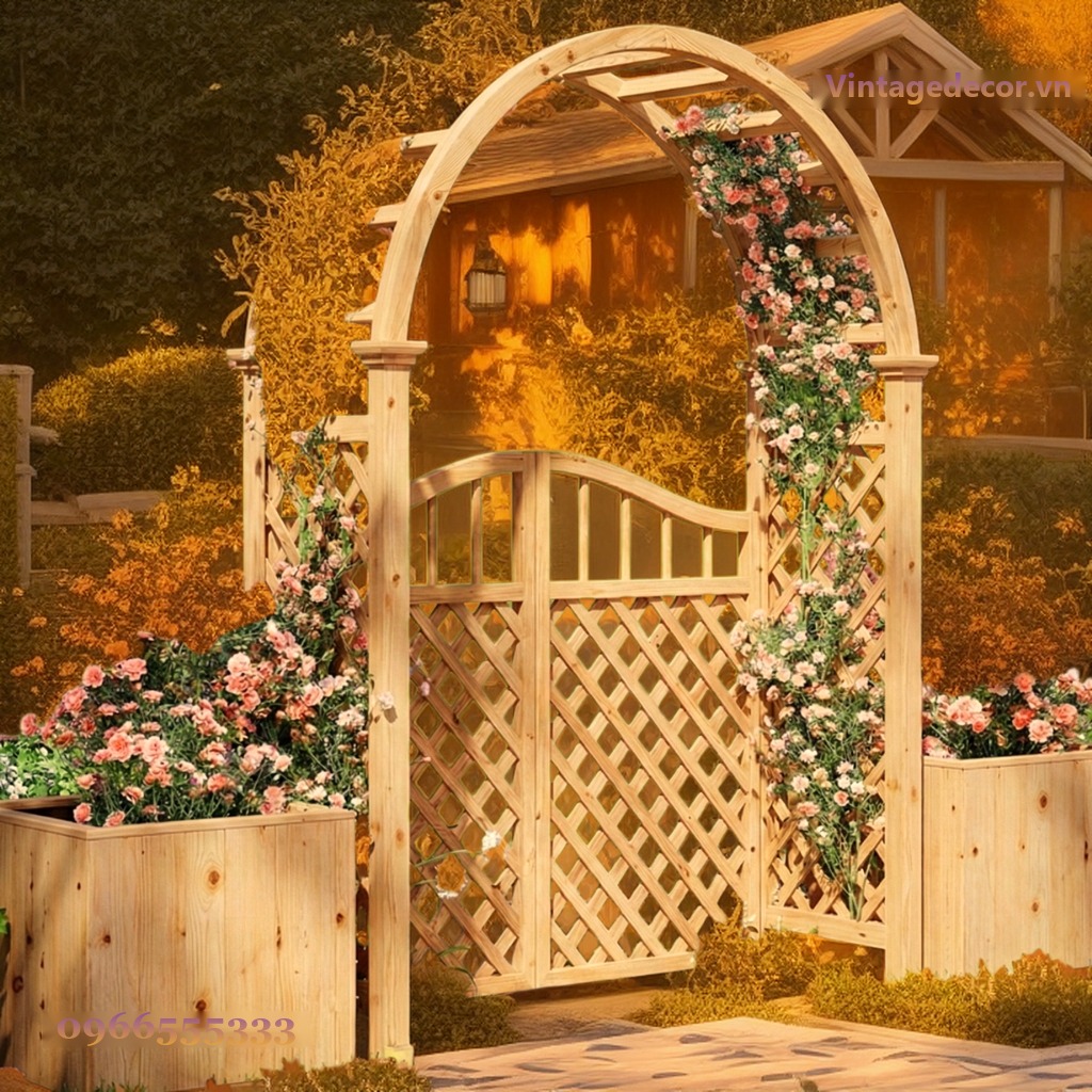 Cổng Gỗ Sân Vườn C3 - Vòm Trellis Mắt Cáo Hoa Leo, Gỗ Thông Cổng Gỗ Sân Vườn C3 - Vòm Trellis Mắt Cáo Hoa Leo, Gỗ Thông