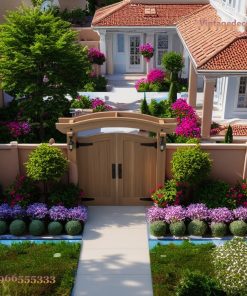 Cổng Gỗ Sân Vườn C36 - Khung Vòm Cong Đèn Lồng, Gỗ Thông