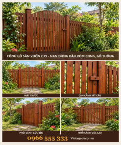 Cổng Gỗ Sân Vườn C39 - Nan Đứng Đầu Vòm Cong, Gỗ Thông