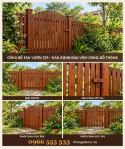 Cổng gỗ C39 nan đứng đầu vòm cong – ảnh ghép mặt trước, then cài, góc bên, góc sau