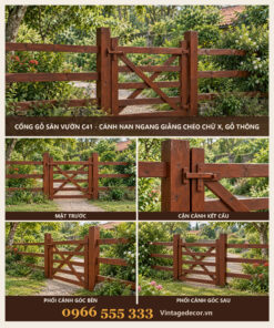 Cổng Gỗ Sân Vườn C41 - Cánh Nan Ngang Giằng Chéo Chữ X, Gỗ Thông