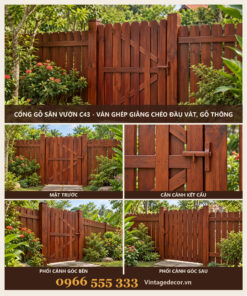 Cổng Gỗ Sân Vườn C43 - Ván Ghép Giằng Chéo Đầu Vát, Gỗ Thông