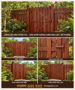 Cổng gỗ C43 ván ghép giằng chéo – ảnh ghép mặt trước, then cài, góc bên, góc sau