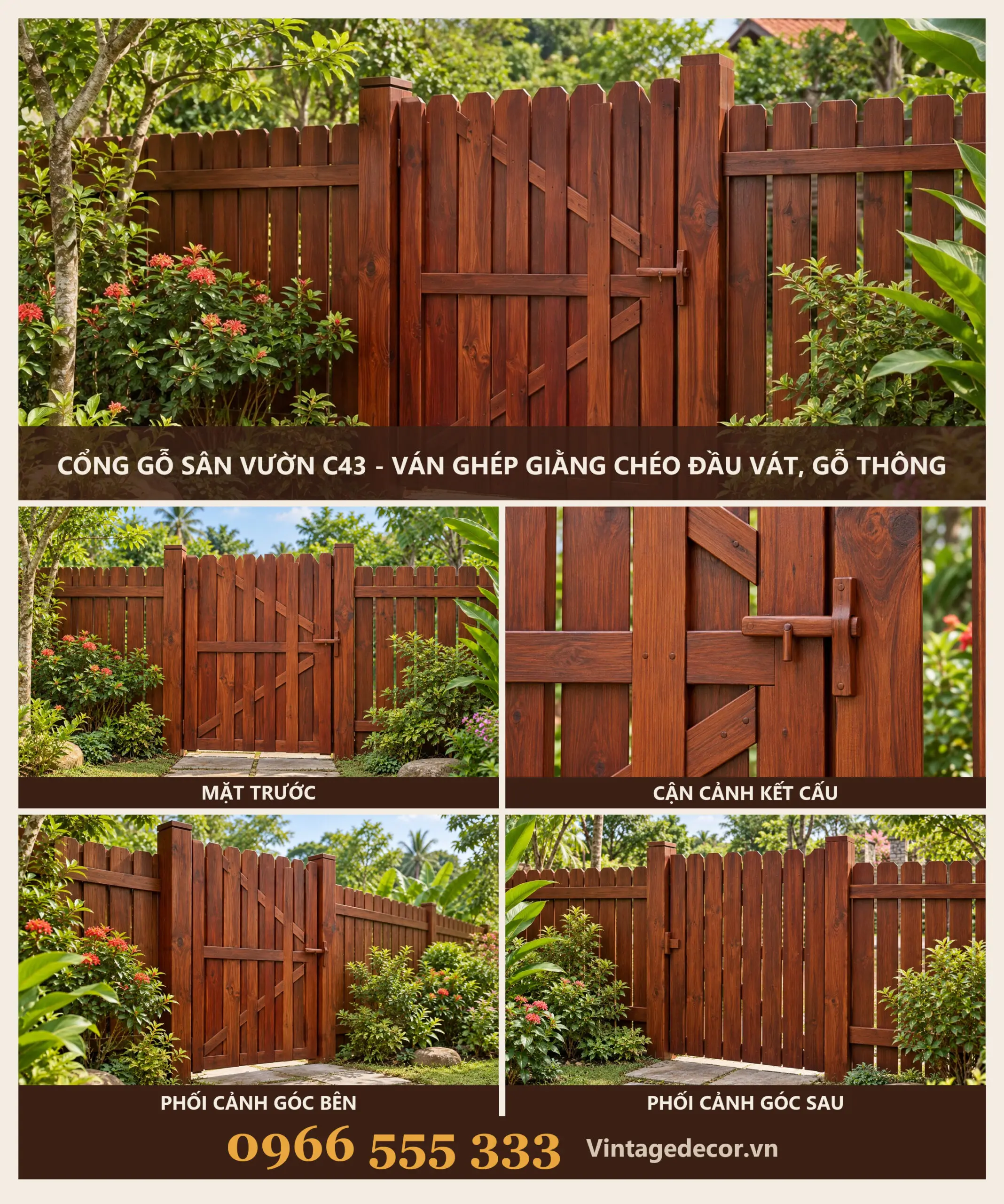 Cổng Gỗ C43 Ván Ghép Giằng Chéo