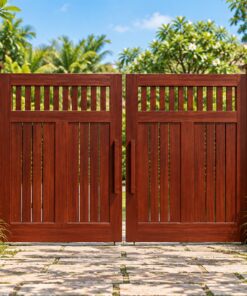 Cổng Gỗ Sân Vườn C44 - Hai Cánh Nan Thoáng Trên Ván Khít Dưới, Gỗ Thông