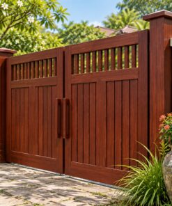 Cổng Gỗ Sân Vườn C44 - Hai Cánh Nan Thoáng Trên Ván Khít Dưới, Gỗ Thông