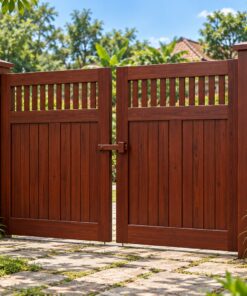Cổng Gỗ Sân Vườn C44 - Hai Cánh Nan Thoáng Trên Ván Khít Dưới, Gỗ Thông