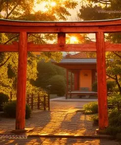 Cổng torii C11 hai trụ đỏ trên lối lát gạch, nắng chiều sau tán cây