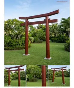 Cổng torii C14 trụ tròn xà cong – ảnh ghép chính diện và ba góc nhìn
