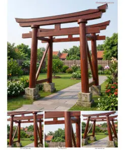 Cổng torii C28 bốn trụ tròn chống xiên – ảnh ghép chính diện và ba góc nhìn