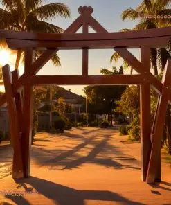 Cổng torii C33 khung kèo chữ A trên lối lát lúc hoàng hôn, hàng cọ hai bên