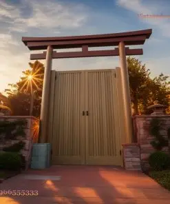Cổng torii Nhật C35 – khung torii xà cong, hai cánh nan đứng gỗ sáng, nắng chiều