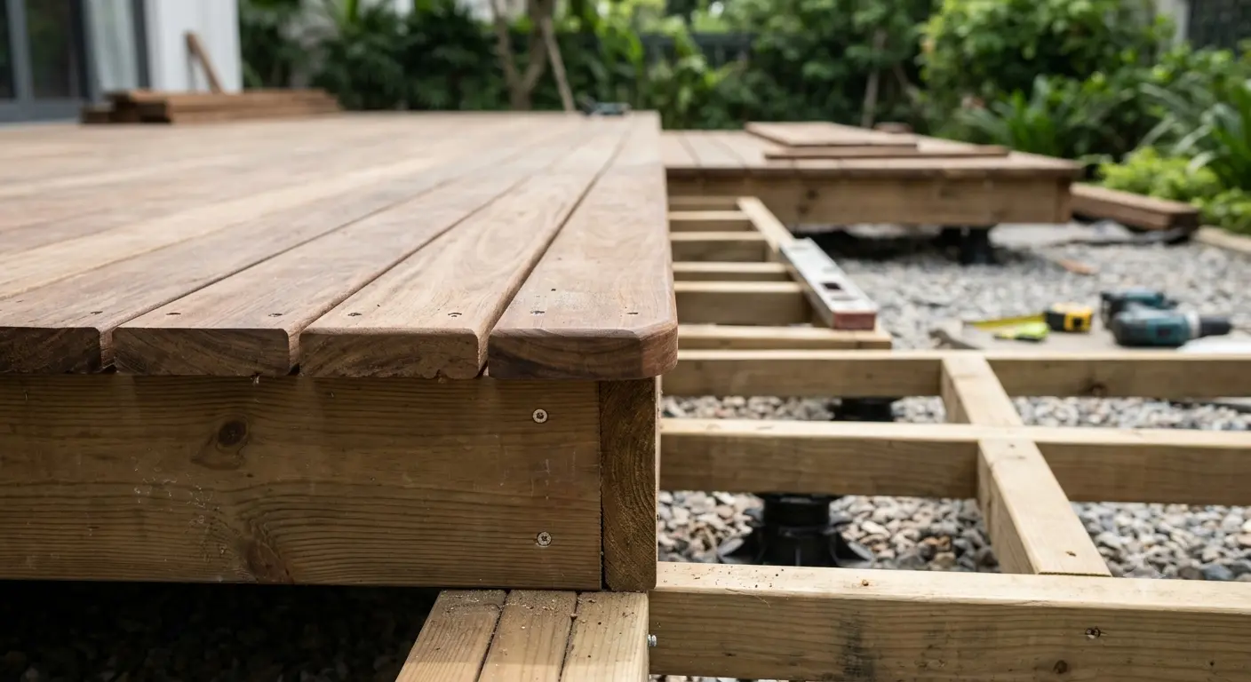 Sàn ván gỗ đang thi công: mép ván lộ thớ gỗ, bên dưới là khung xương gỗ kê trên chân đế, nền rải sỏi, dụng cụ để bên cạnh