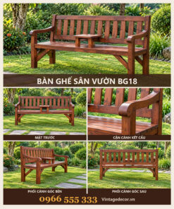 Ghế Băng Sân Vườn BG18 - Tựa Nan Đứng Có Khay Giữa, Gỗ Thông